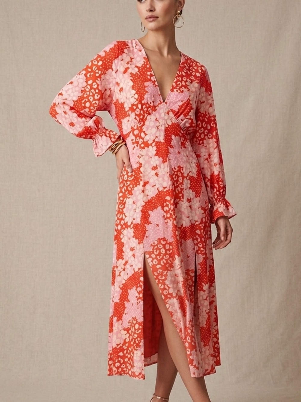 ASOS DESIGN Mixed Floral Animal Print V-Neck Midi Dress Red Pink‎ US 8
